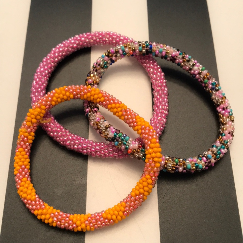 Pink, orange and gold seed bead bracelets